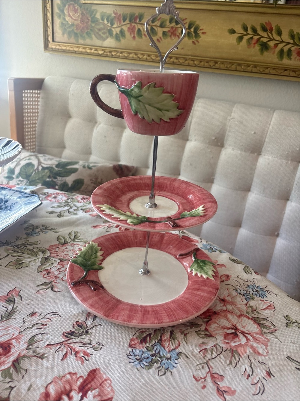 Three-Tier Red Teacup & Plate Display with Leaf Motif